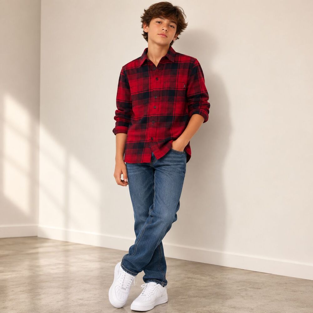 ABERCROMBIE KIDS New Flannel Shirt Button 11/12 Plaid 100% Cotton Red Black